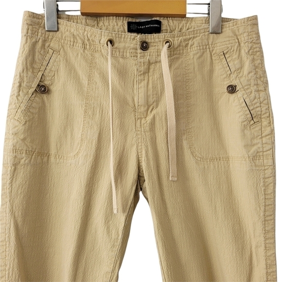 𝅺COTTON Textured Khaki Capris Cropped Trousers Lady Hathaway Drawstring SZ 8 - Picture 2 of 11